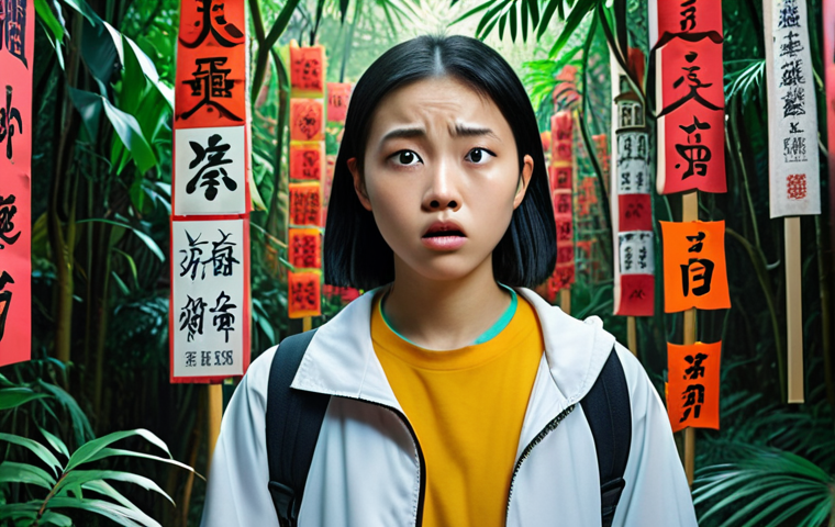 **
A student looking overwhelmed amidst a jungle of Chinese characters, symbolizing the initial challenges of HSK preparation. Bright colors and a sense of being lost.
**