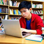 **

A student self-studying for the HSK exam with a pile of books and online resources displayed on a laptop. Focus on the determined expression of the student. Bright, colorful, and motivating environment.

**