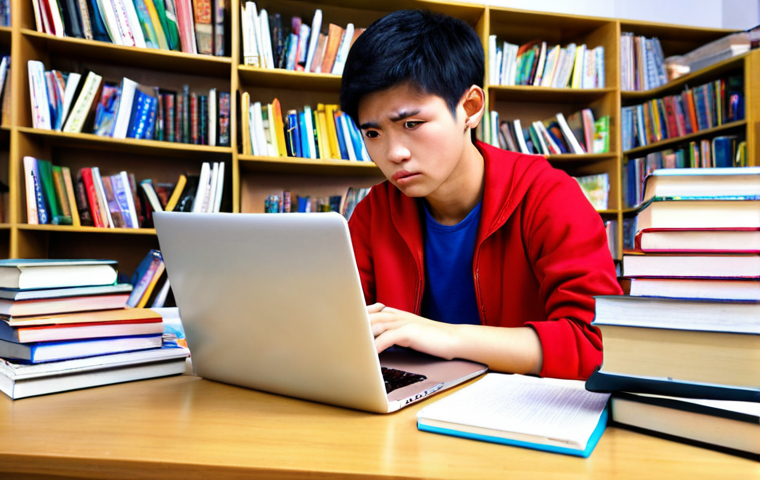 **
A student self-studying for the HSK exam with a pile of books and online resources displayed on a laptop. Focus on the determined expression of the student. Bright, colorful, and motivating environment.
**