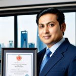 A determined professional, of South Asian ethnicity, fully clothed in a modest, tailored business suit. They are standing confidently in a sunlit, modern office, holding a framed Chinese HSK certificate with a proud and accomplished expression. In the background, a large, symbolic open door reveals a blurred but dynamic international city skyline, representing new opportunities. The scene conveys a sense of achievement and a promising future. Professional studio lighting, high-resolution photography, sharp focus, vibrant colors, perfect anatomy, correct proportions, natural pose, well-formed hands, proper finger count, safe for work, appropriate content, fully clothed, professional dress.