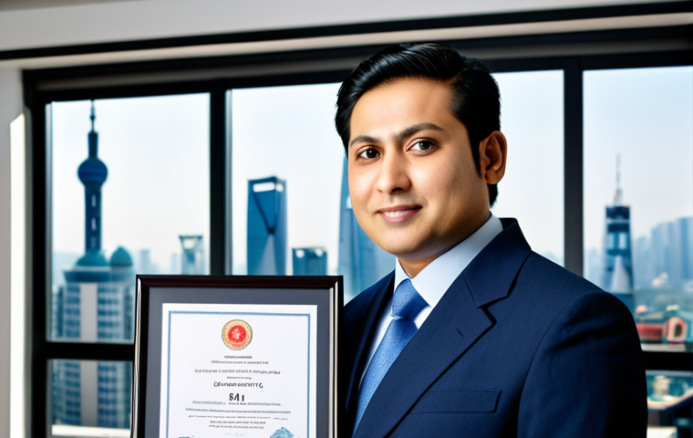 A determined professional, of South Asian ethnicity, fully clothed in a modest, tailored business suit. They are standing confidently in a sunlit, modern office, holding a framed Chinese HSK certificate with a proud and accomplished expression. In the background, a large, symbolic open door reveals a blurred but dynamic international city skyline, representing new opportunities. The scene conveys a sense of achievement and a promising future. Professional studio lighting, high-resolution photography, sharp focus, vibrant colors, perfect anatomy, correct proportions, natural pose, well-formed hands, proper finger count, safe for work, appropriate content, fully clothed, professional dress.