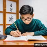 Home 20 HSK 자격증과 국내 대학원 입학 - A focused Indian student sitting at a wooden desk in a cozy, well-lit room, surrounded by Chinese la...
