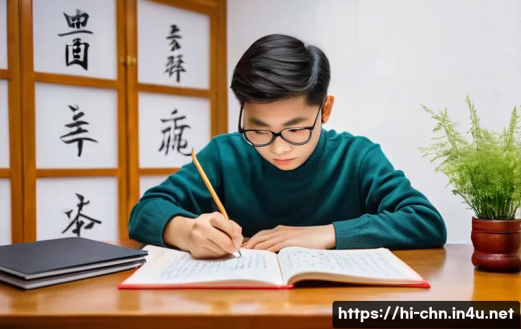 HSK 자격증과 국내 대학원 입학 - A focused Indian student sitting at a wooden desk in a cozy, well-lit room, surrounded by Chinese la...