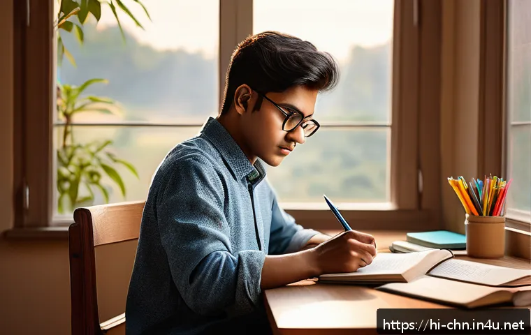HSK 공부를 위한 일정 관리법 - A focused Indian student studying HSK exam preparation at a tidy desk in a cozy room during early mo...